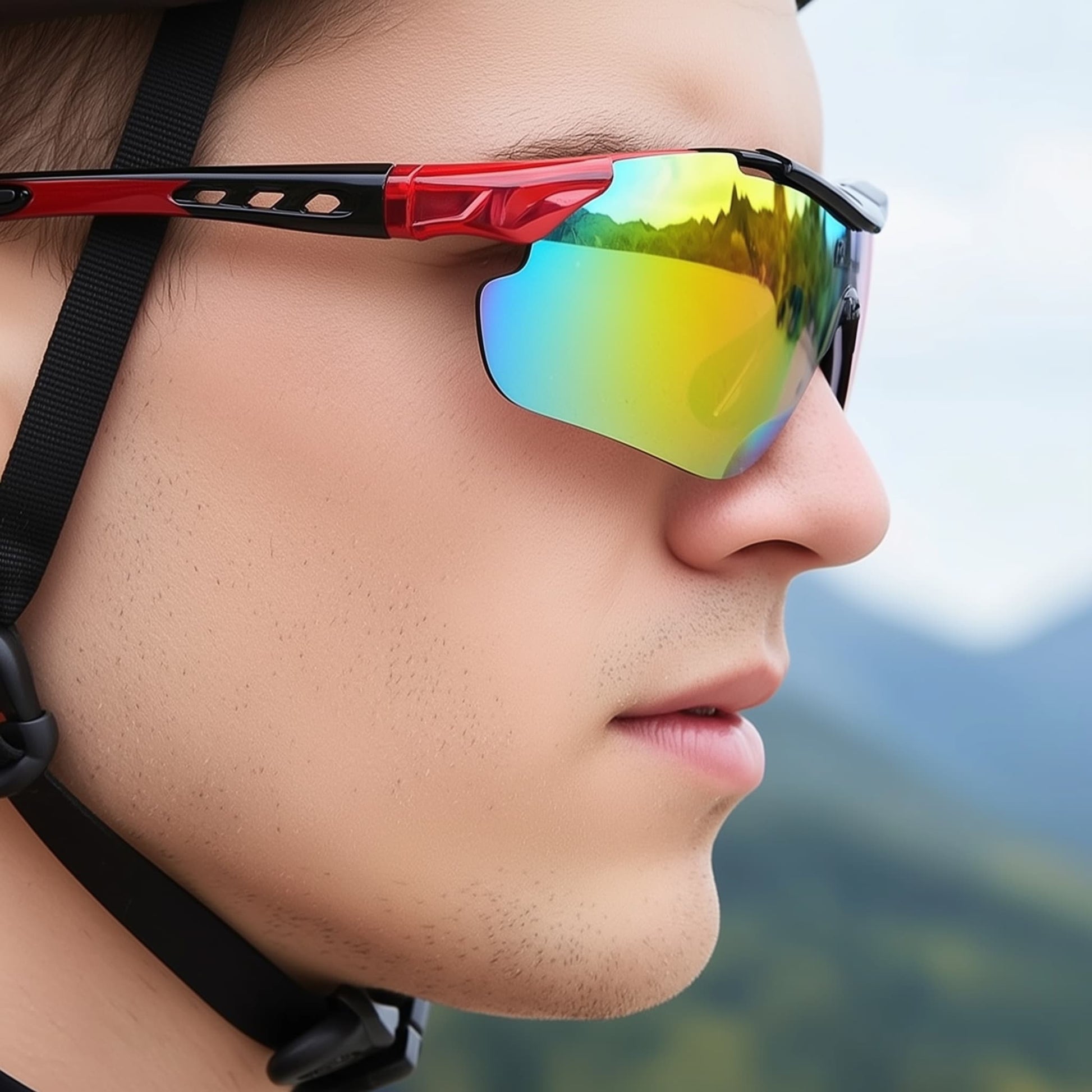Sporty unisex cycling glasses with half-frame design. Model in right view.