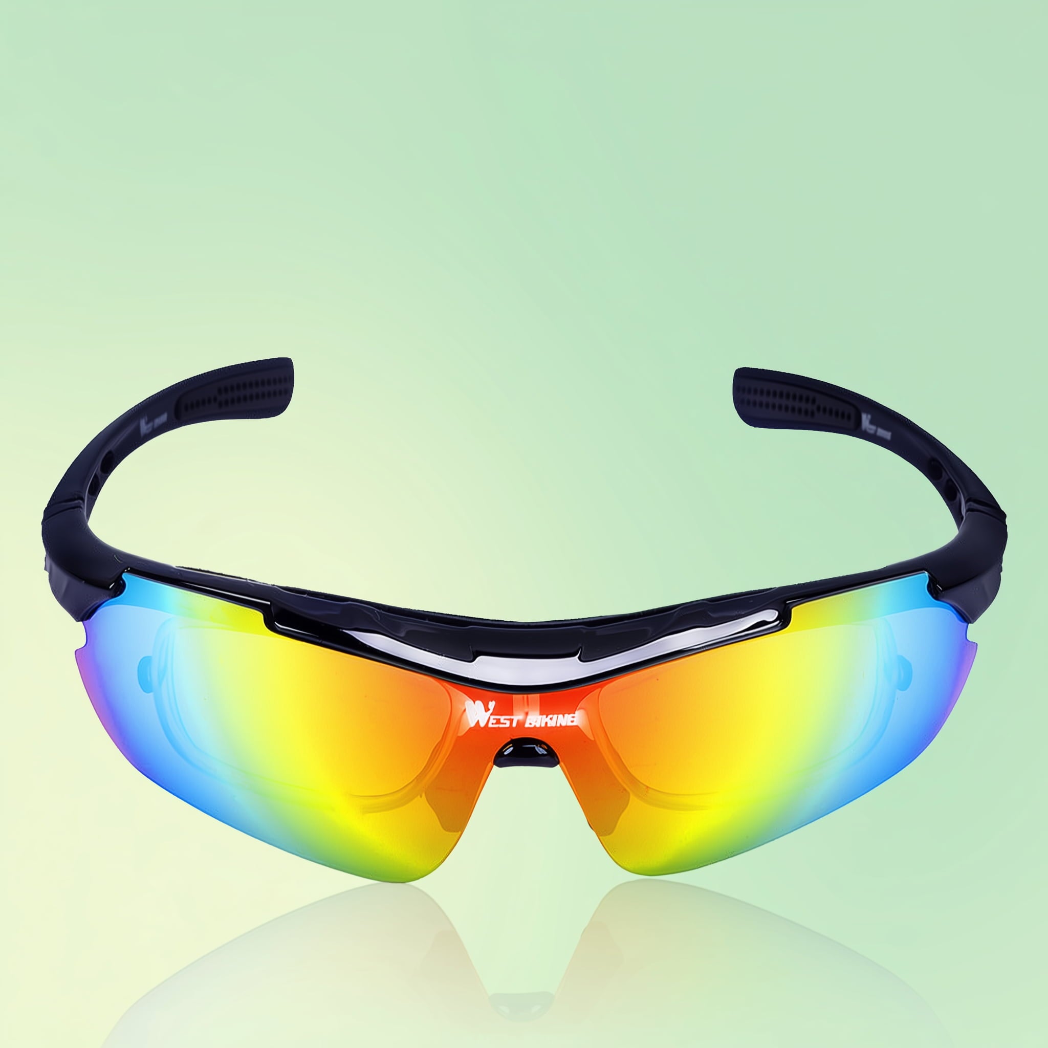 Cycling glasses with rainbow mirrored lens and accessories