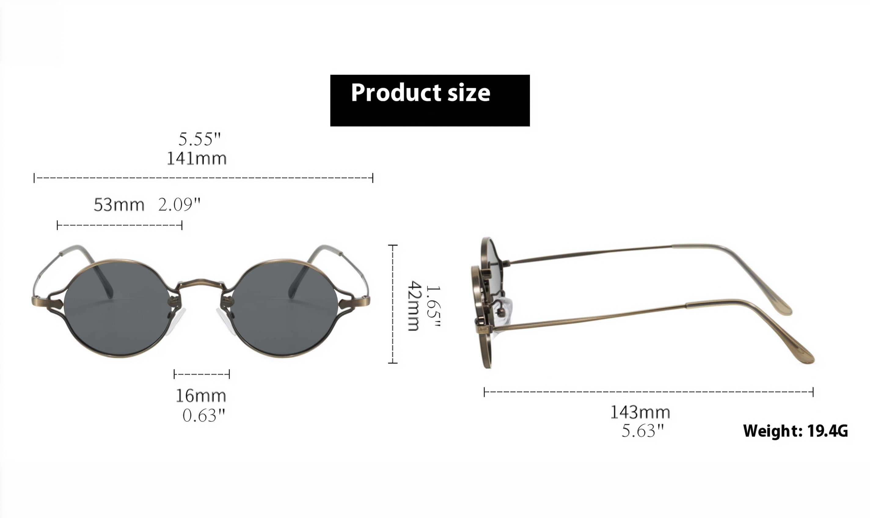 Classic retro metal frame sunglasses for men and women. Measures.
