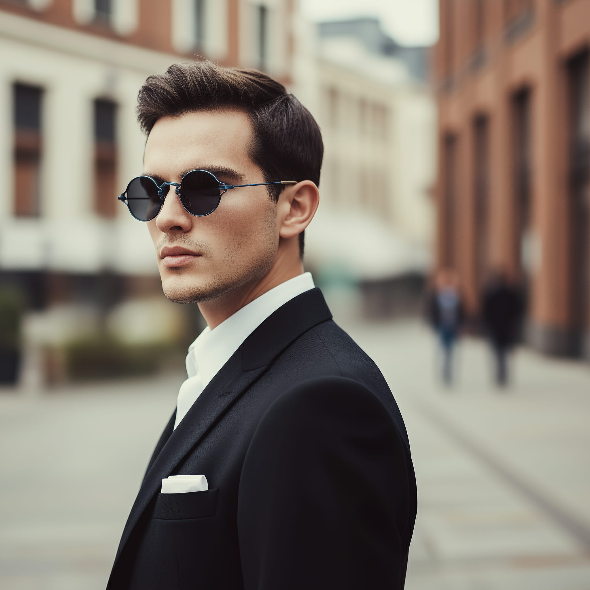 Dandy model wearing vintage round sunglasses with blue frame and gray lenses.
