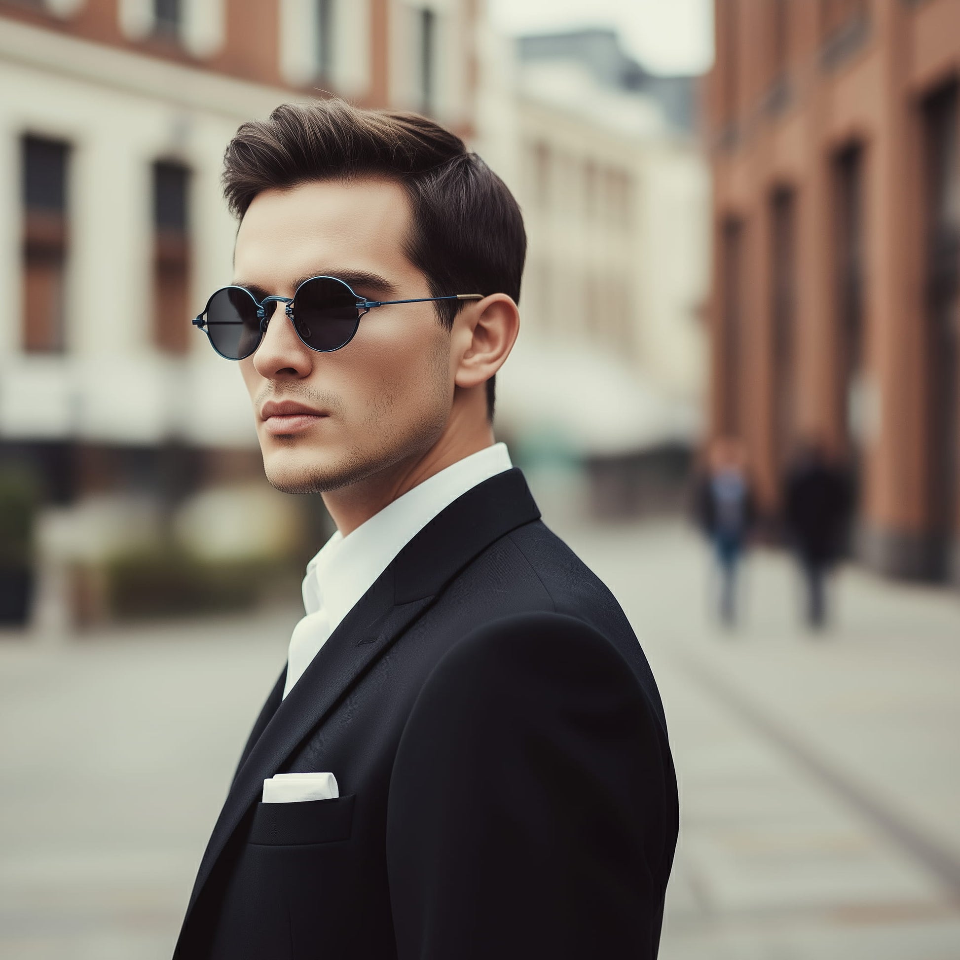 Dandy model wearing vintage round sunglasses with blue frame and gray lenses.