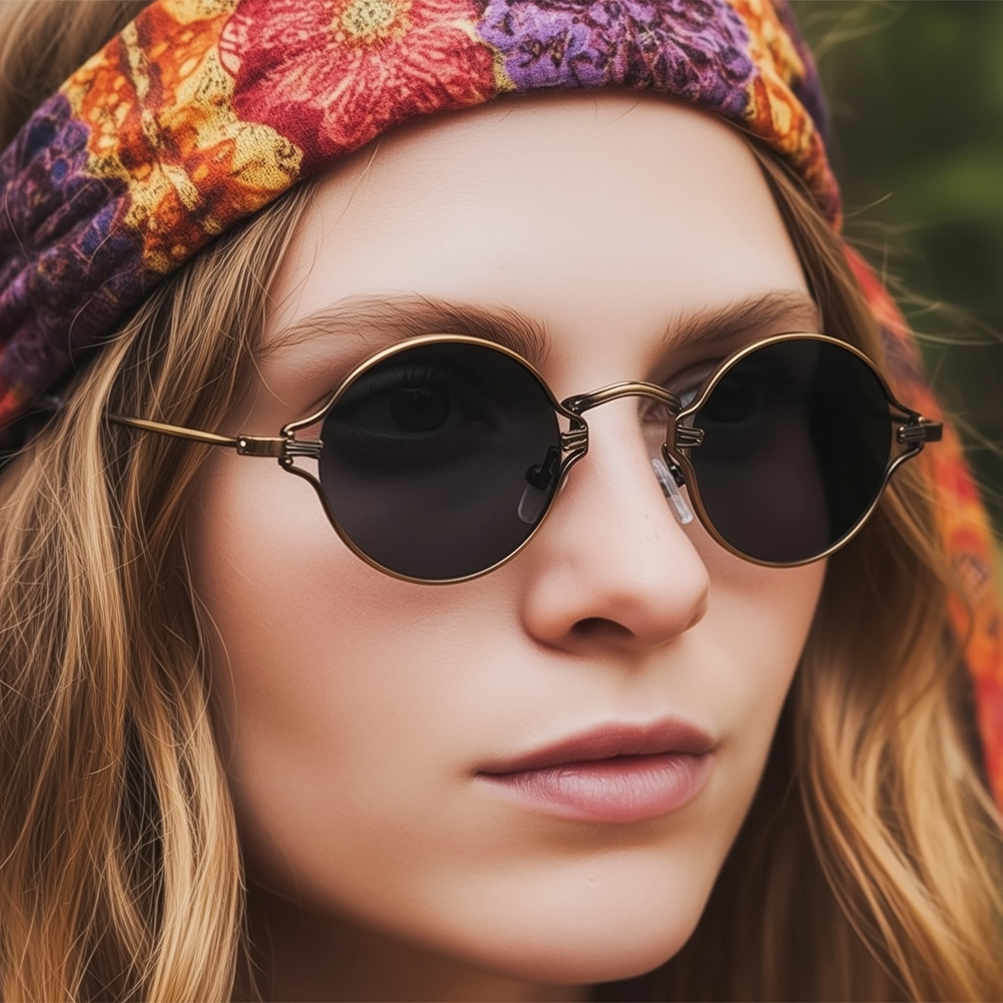 Hippie model wearing vintage round sunglasses with brushed bronze frame and gray lenses. Front view.