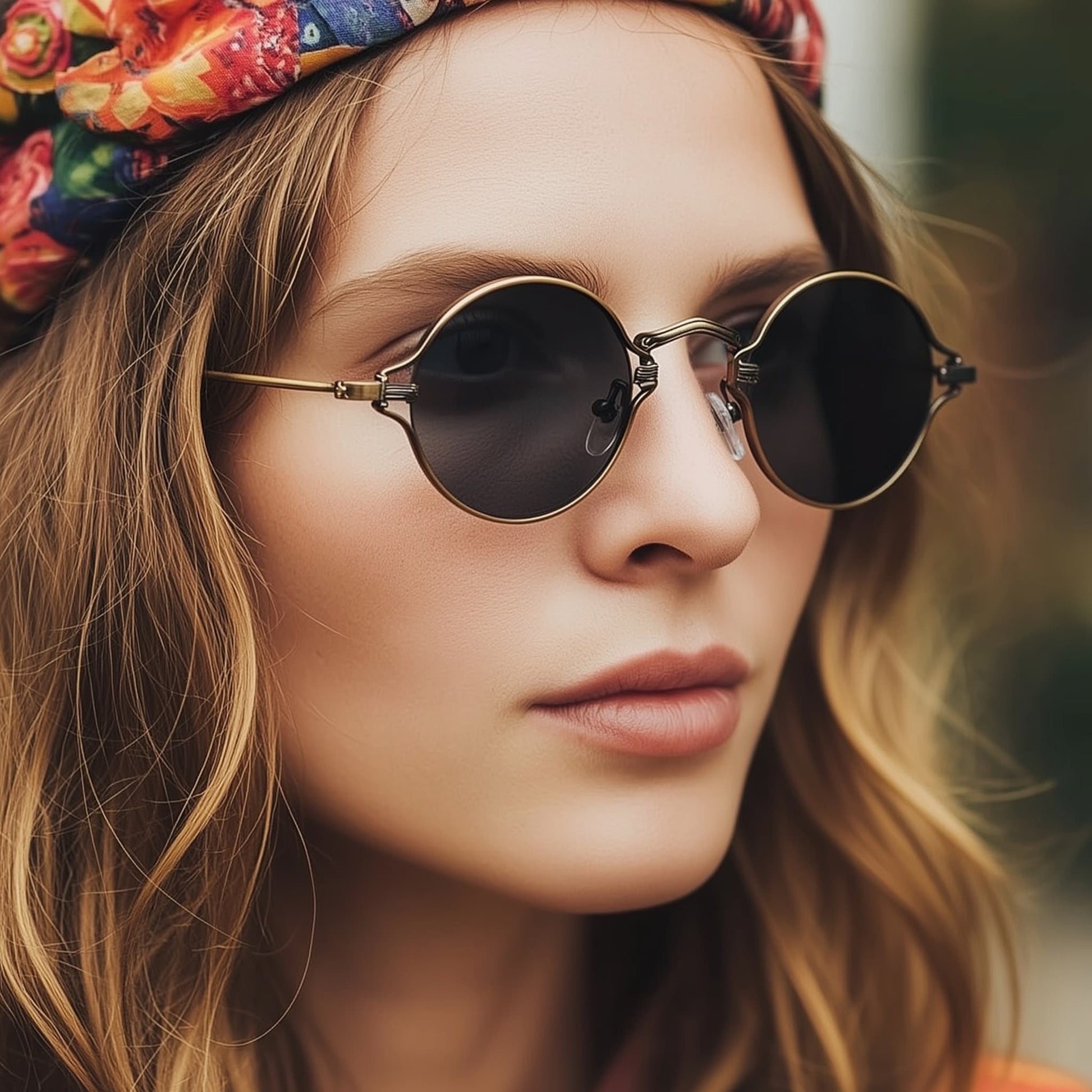 Hippie model wearing vintage round sunglasses with brushed bronze frame and gray lenses. Side view.