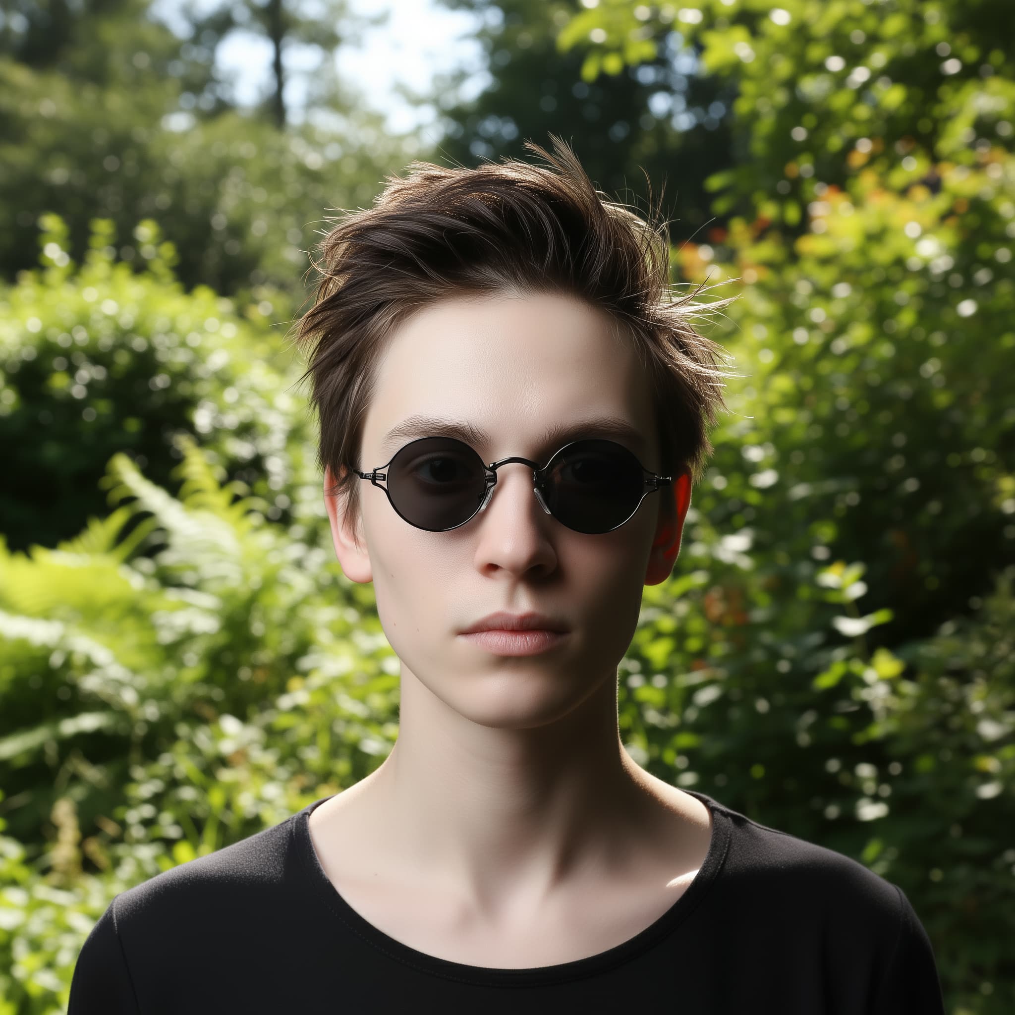 Teenager model wearing vintage round sunglasses with black frame and gray lenses.