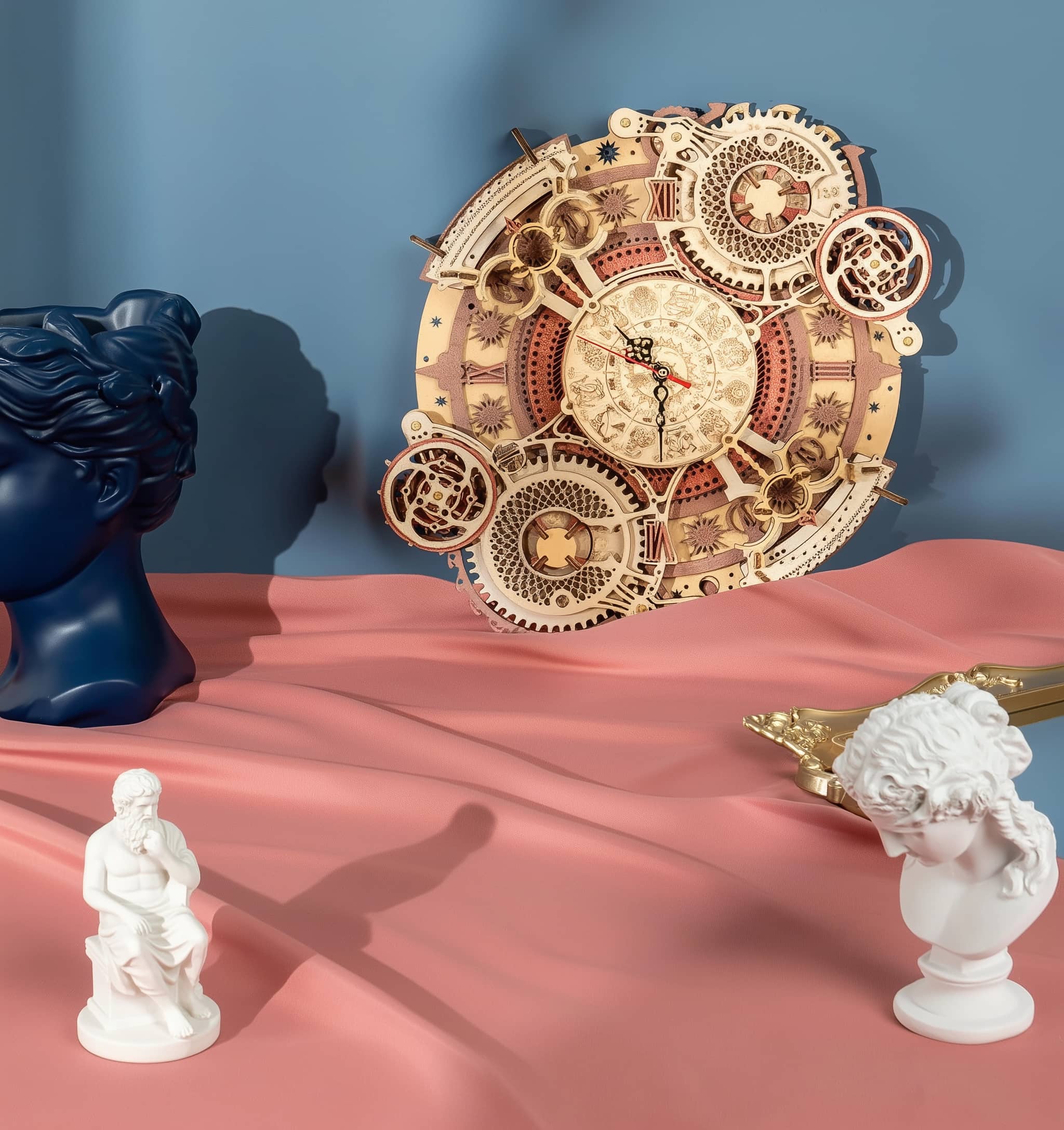 Elegant wooden puzzle clock inspired by zodiac signs