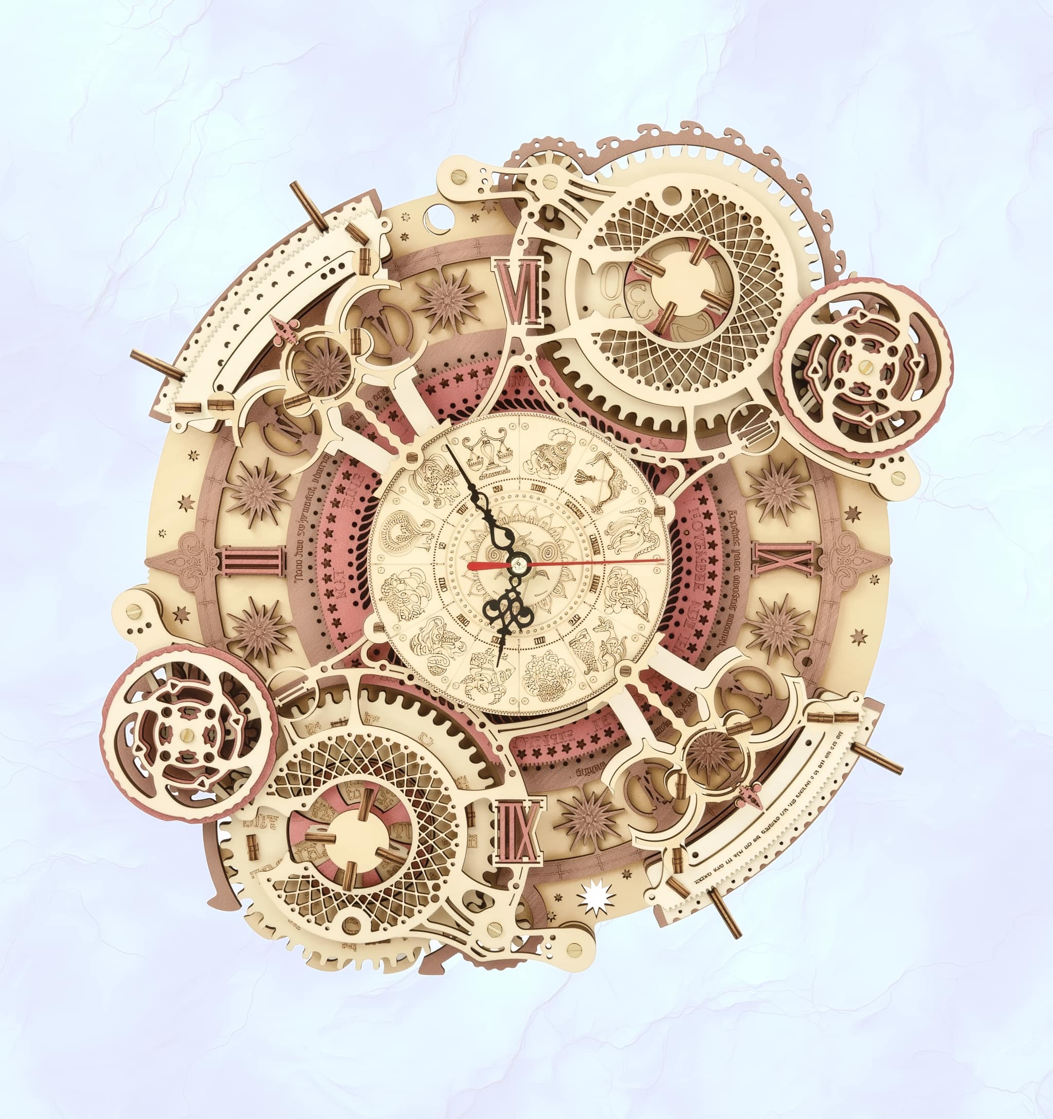 Close-up of zodiac puzzle clock month and date dials