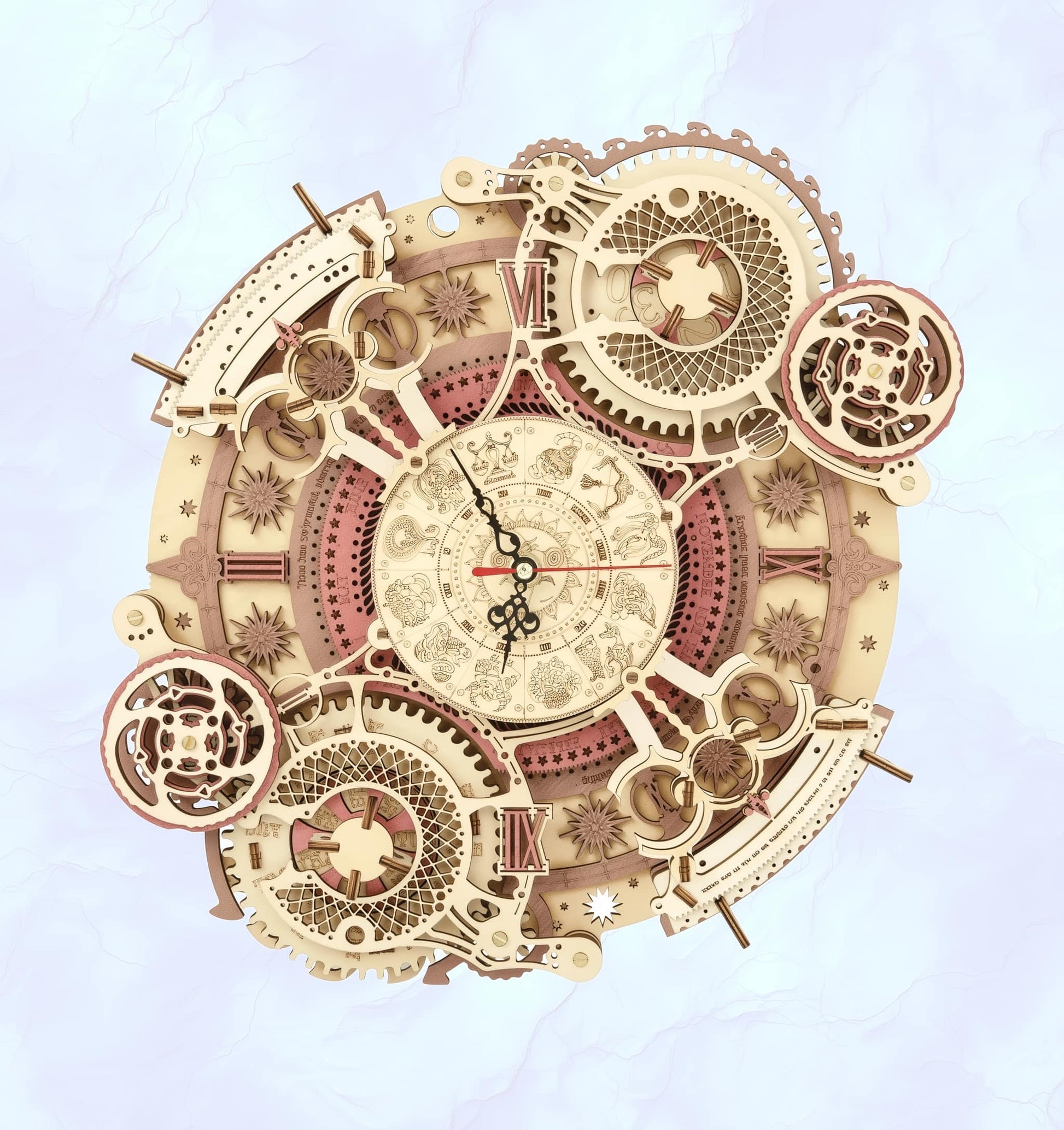 Close-up of zodiac puzzle clock month and date dials
