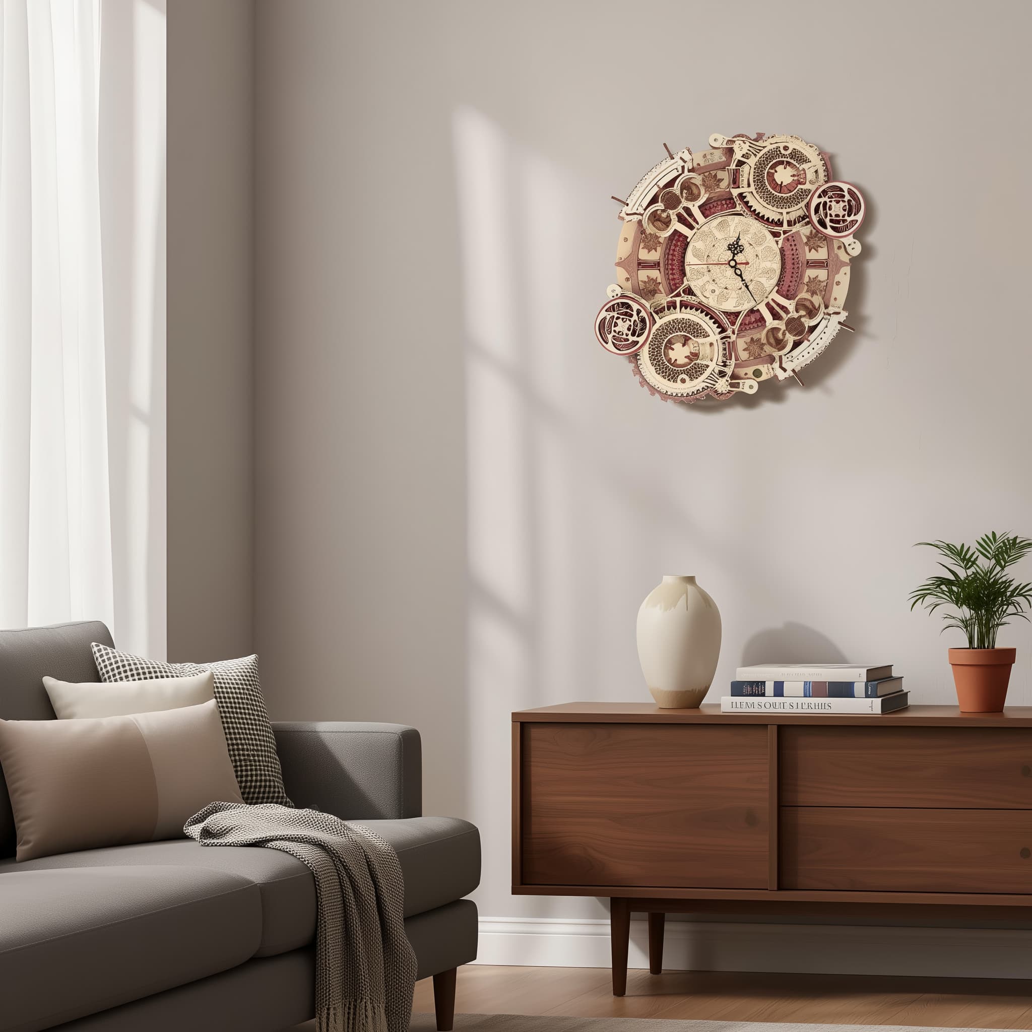 Elegant wooden puzzle clock inspired by zodiac signs