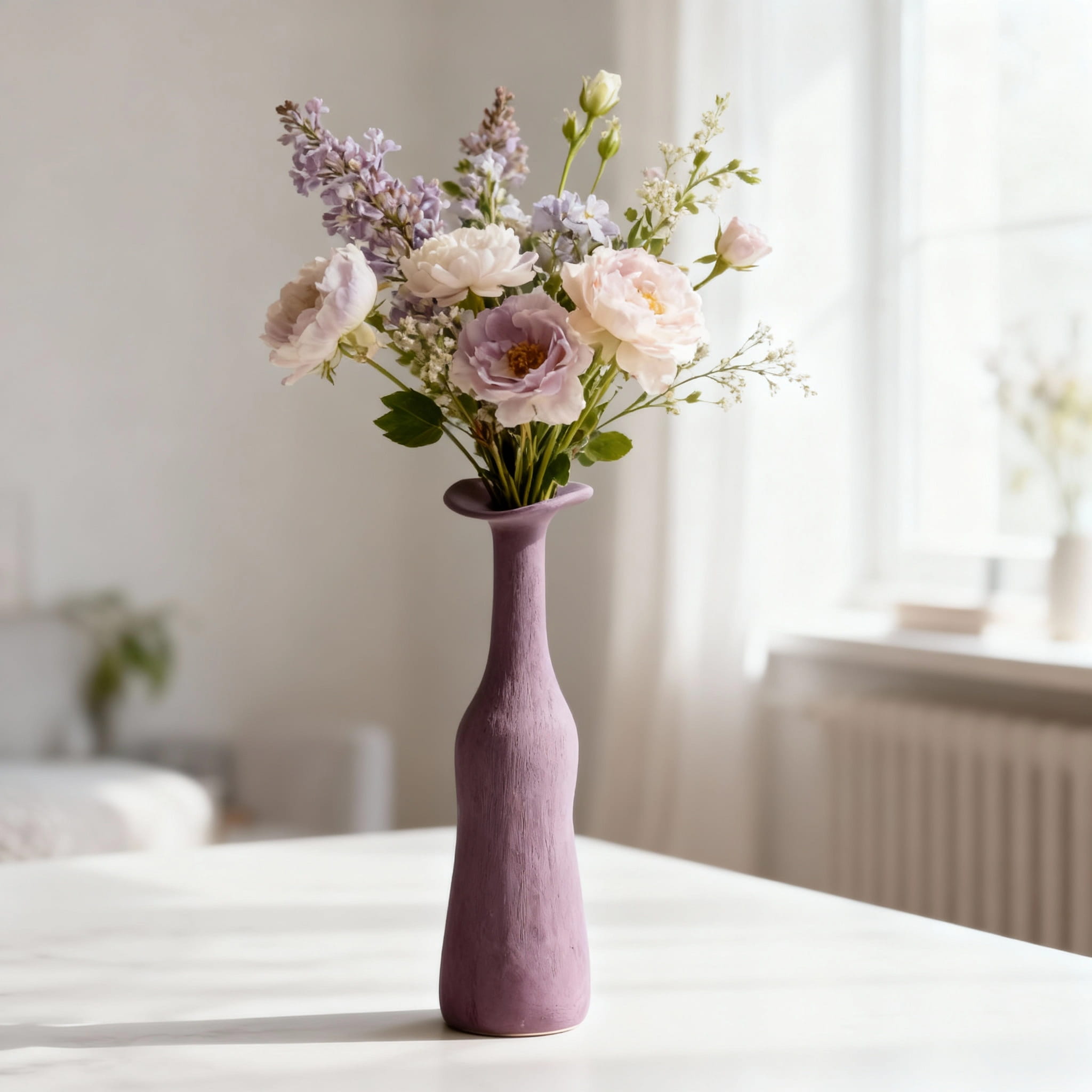 Morandi ceramic vase in red with flowers on a table