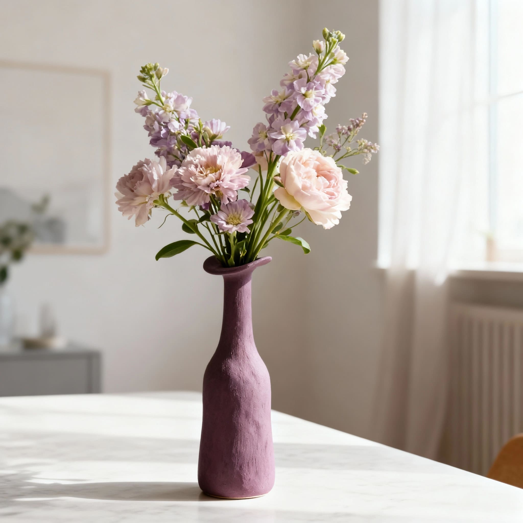 Morandi ceramic vase in red with beautiful flowers on a table