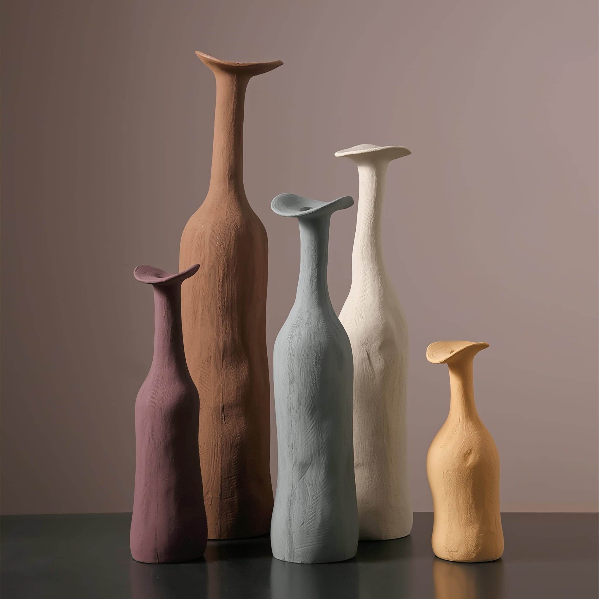 Set of Morandi vases in blue, brown, red, white and yellow