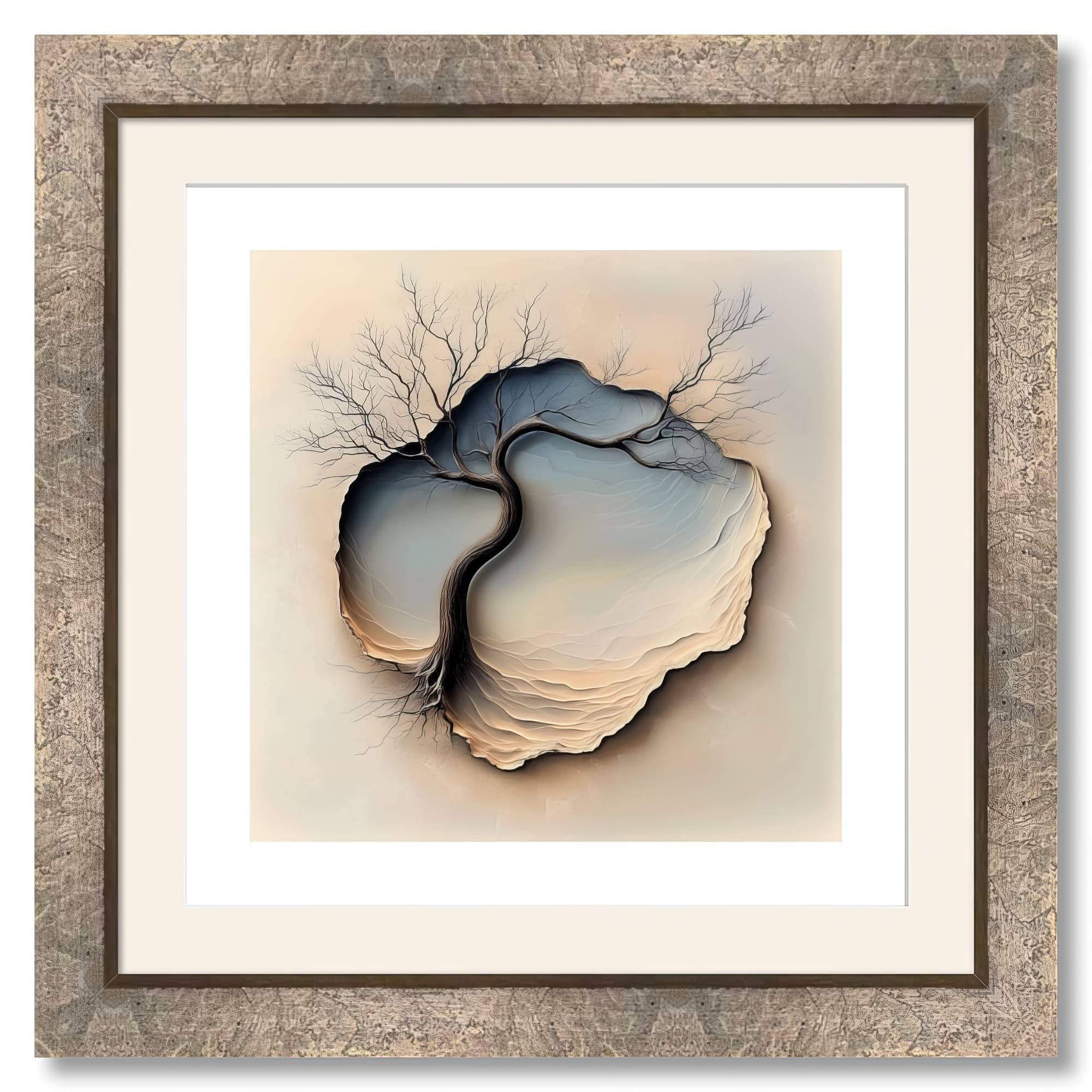 Framed in Marmo Platinum frame with mat and acrylic glass.