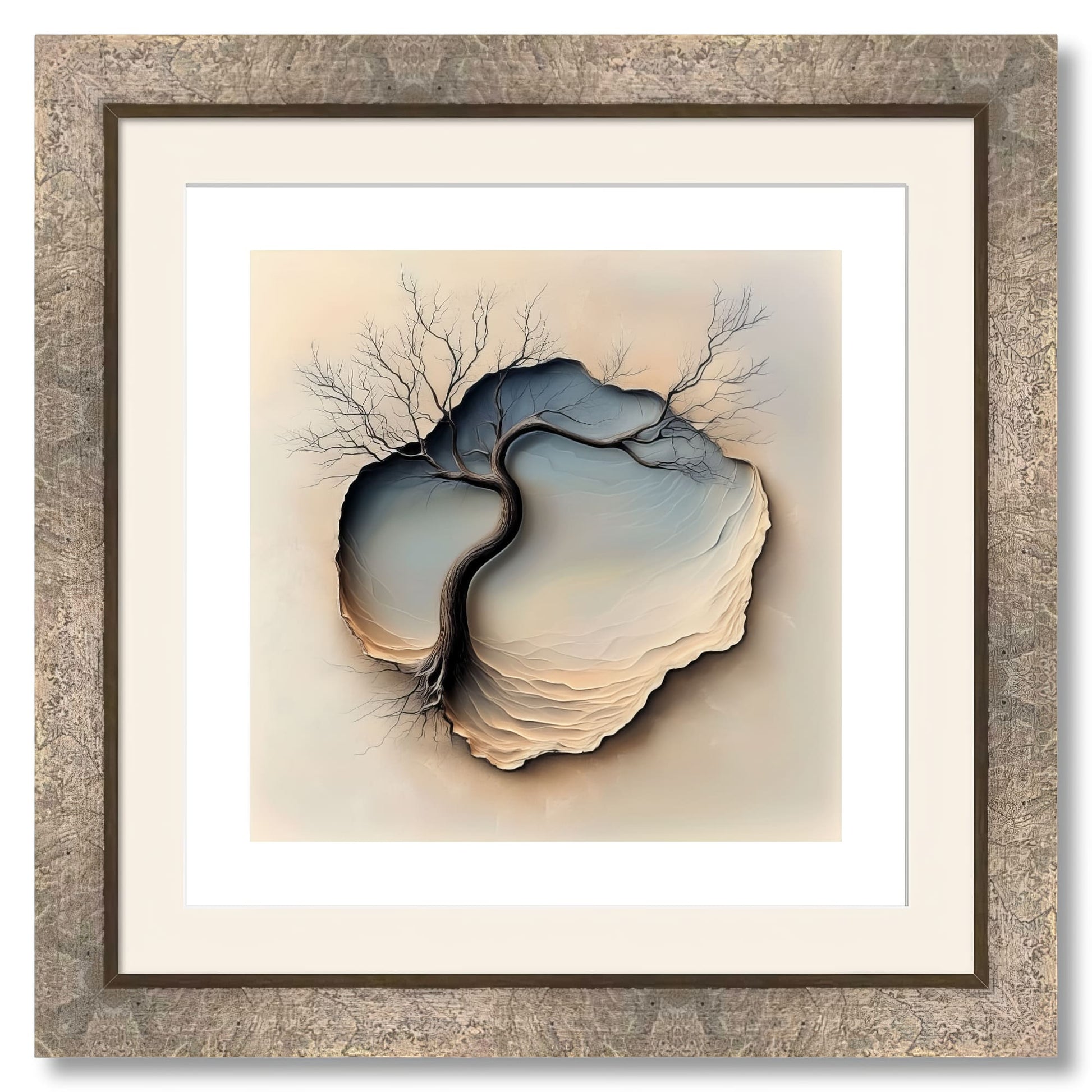 Framed in Marmo Platinum frame with mat and acrylic glass.