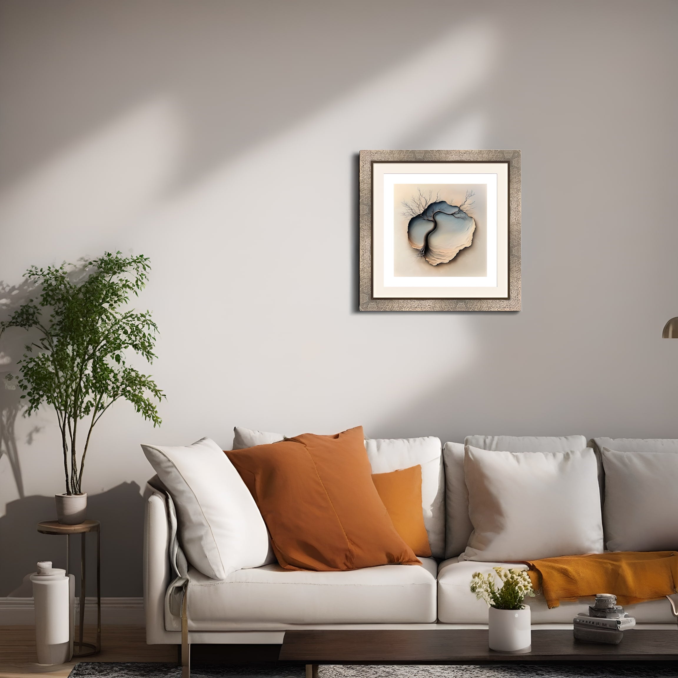 Whispers of the Earth - Marmo Platinum version shown in a living room.